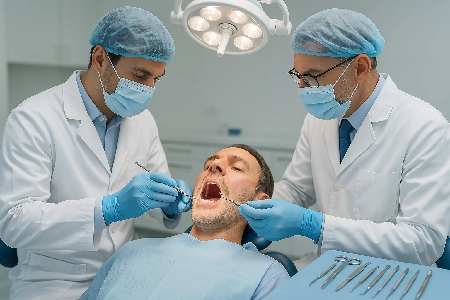 Strumentazione chirurgica odontoiatrica e dentista in ambiente sterile