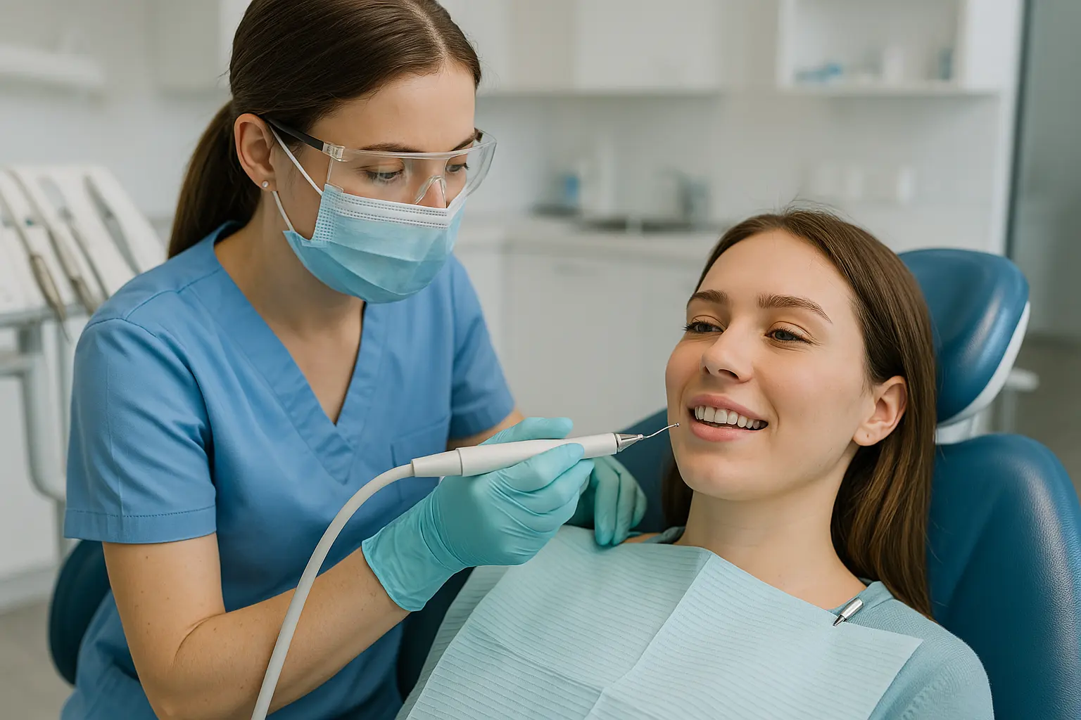Igienista dentale mentre si appresta a eseguire una seduta di igiene orale professionale su un paziente