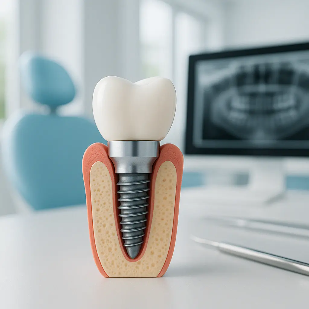 Rendering 3D di un impianto dentale con vite e corona