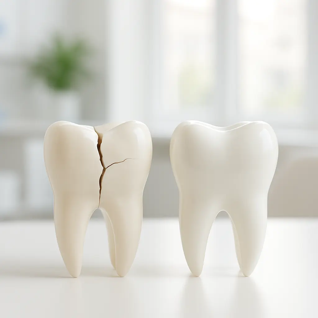 Modello di dente cariato e restaurato, esempio di trattamento di odontoiatria conservativa