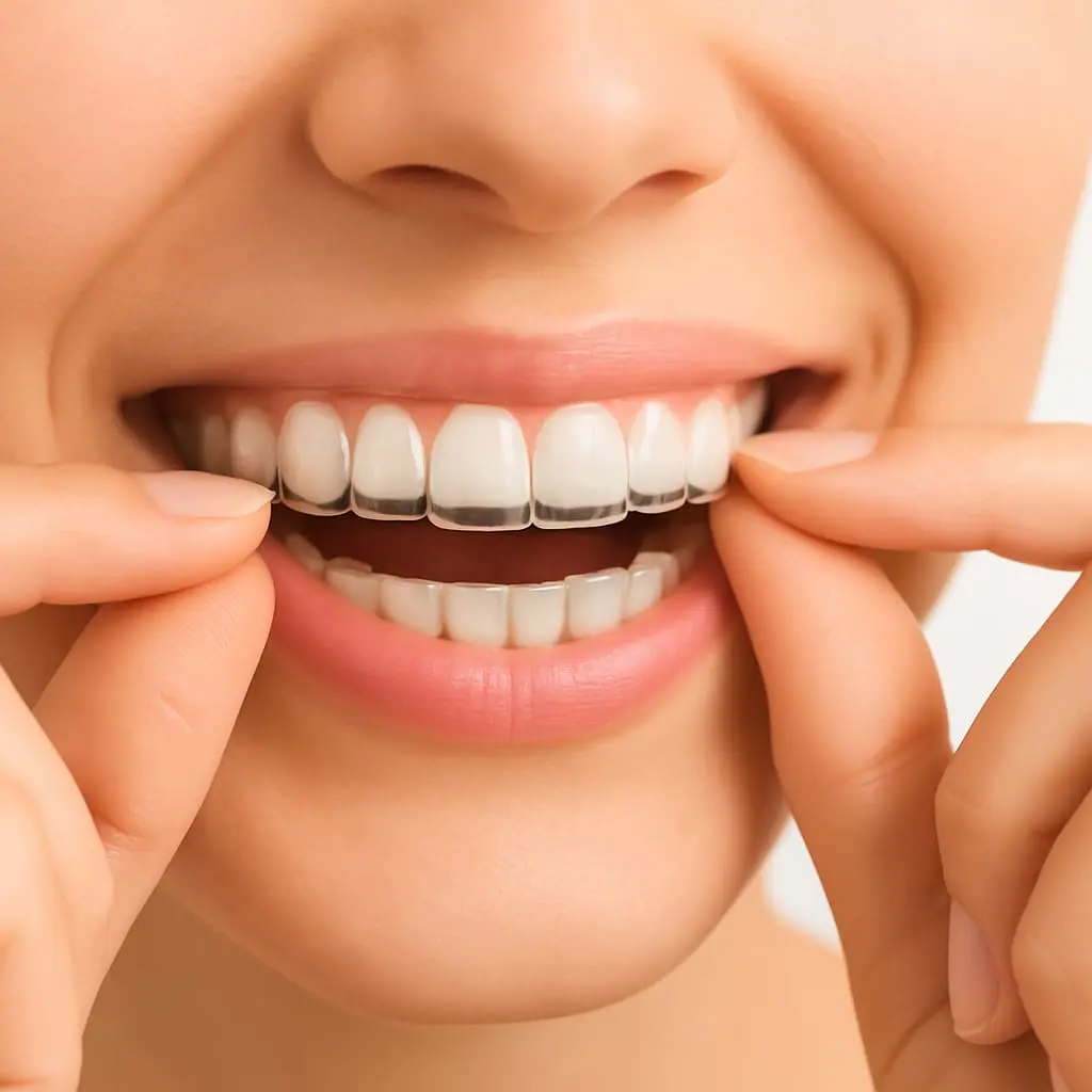 Primo piano di una dentatura con apparecchio ortodontico trasparente (aligner) indossato