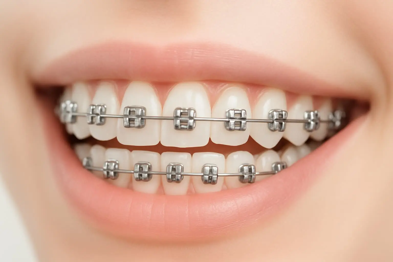 Apparecchio ortodontico tradizionale applicato su denti di un paziente in primo piano