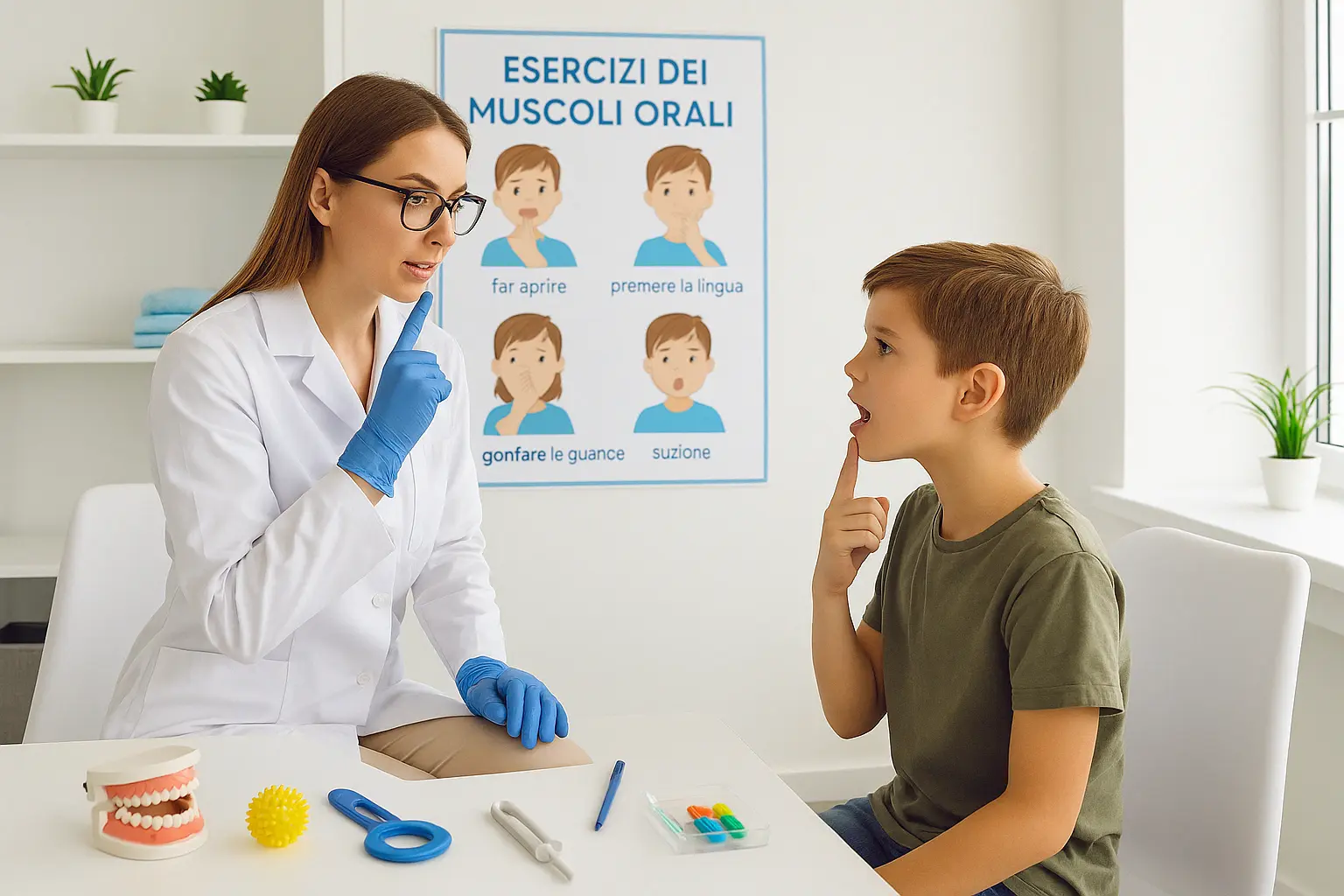 Esempio di esercizio di terapia miofunzionale con paziente e logopedista