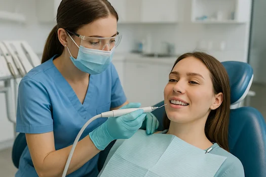 Collegamento alla pagina relativa all'igiene orale, un medico odontoiatria intento ad eseguire una pulizia approfondita su una paziente