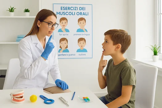 Collegamento alla pagina relativa alla terapia miofunzionale, immagine di un giovane medico che pratica terapie miofunzionali su un giovane paziente