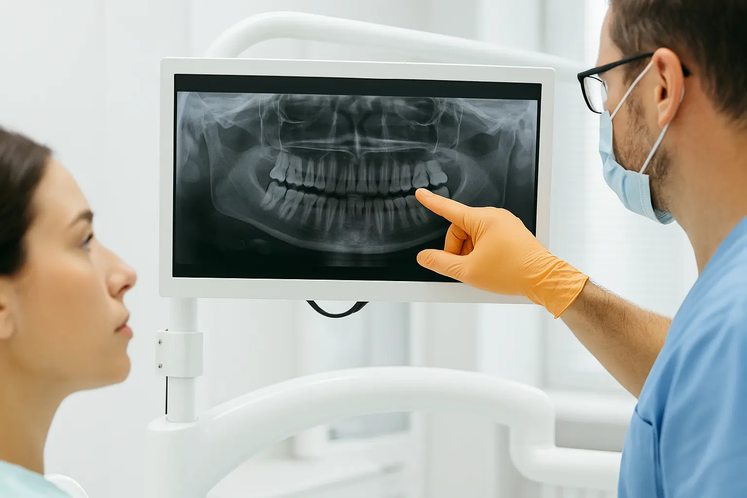 Odontoiatra mostra alla paziente una ortopantomografia